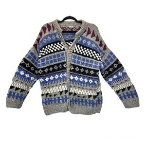 Vintage Cardigan Handknit Sweater Large 100% Wool Chunky Knit Grannycore Cozy